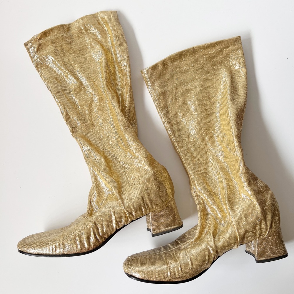 Vintage Gold Gogo Boots Womens 9 Metallic Knit Block Heel Disco Sock 60s 70s